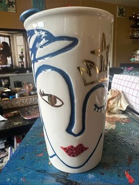 Starbucks White Ceramic Face Vase with Blue, Red and Gold Accents